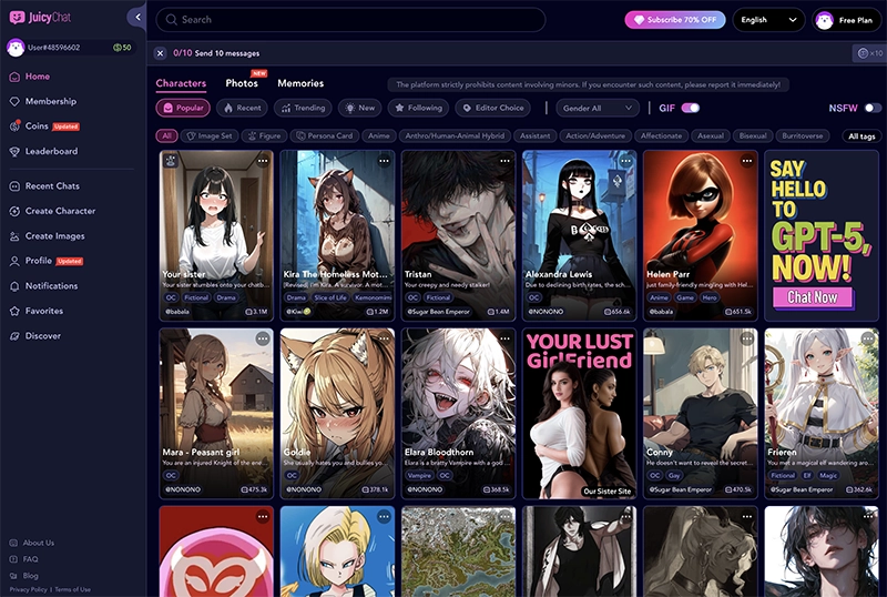 Stock characters available on JuicyChat