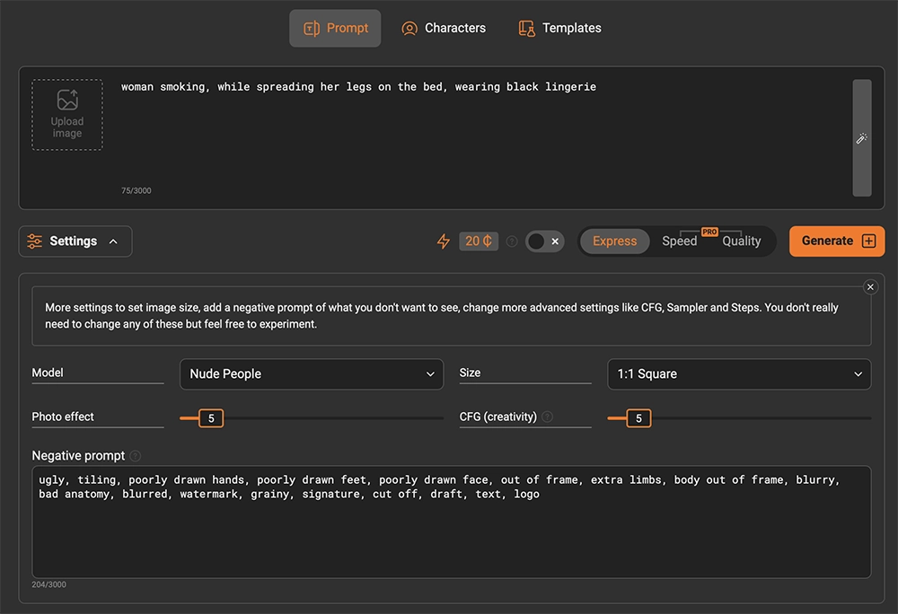 The basic text prompt options on free tier
