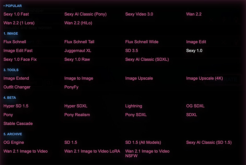 Various tools on Sexy.ai